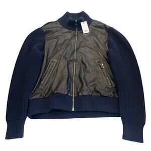 R8 COACH Men's Zip Leather Sweater Jacket Wool Knit Black/Navy XL